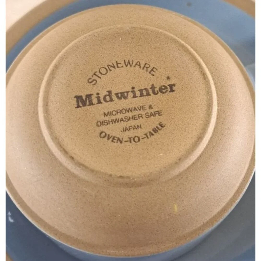 Midwinter Bluestone Tea Coffee Cups & Saucers Set Of 8 Blue Tan Stoneware Japan